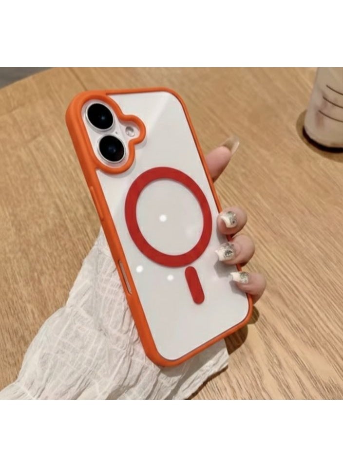 جراب مغناطيسي شفاف لهاتف آيفون 16 [مقاوم للصدمات ونحيف] غطاء خلفي صلب شفاف مع حماية عالية الجودة | برتقالي